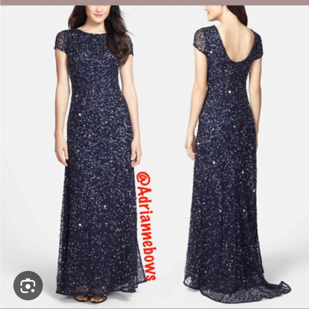 Adrianna Papell Navy Sequin Cap-Sleeve Maxi Dress‎